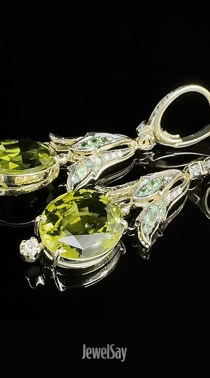 Exclusive gold earrings with natural chrysolite, tsavorites, and diamonds | Buy or custom-create from JewelSay jewelers