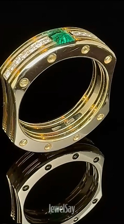 Modular Radiator ring in green gold with natural Zambian emerald | Make or buy from our jewelers