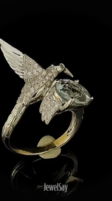 Exclusive gold ring Hummingbird with natural aquamarine and diamonds